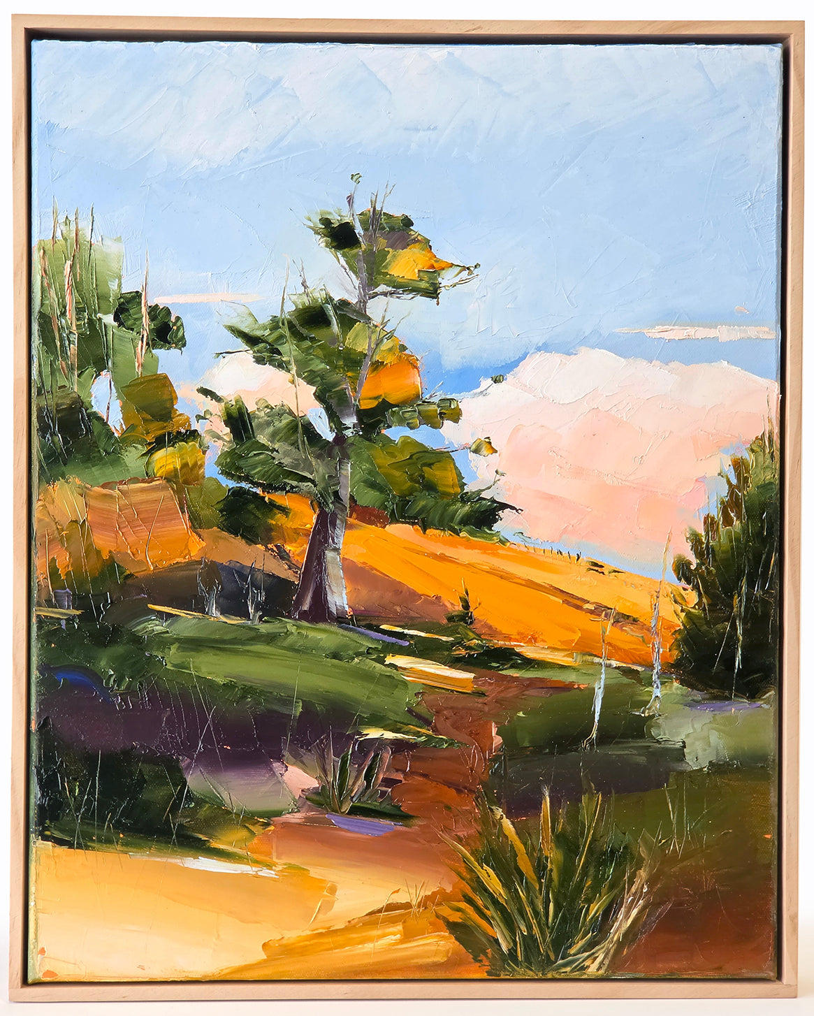Pink Cloud after Sun, framed oil on canvas painting by Britt Dunbar