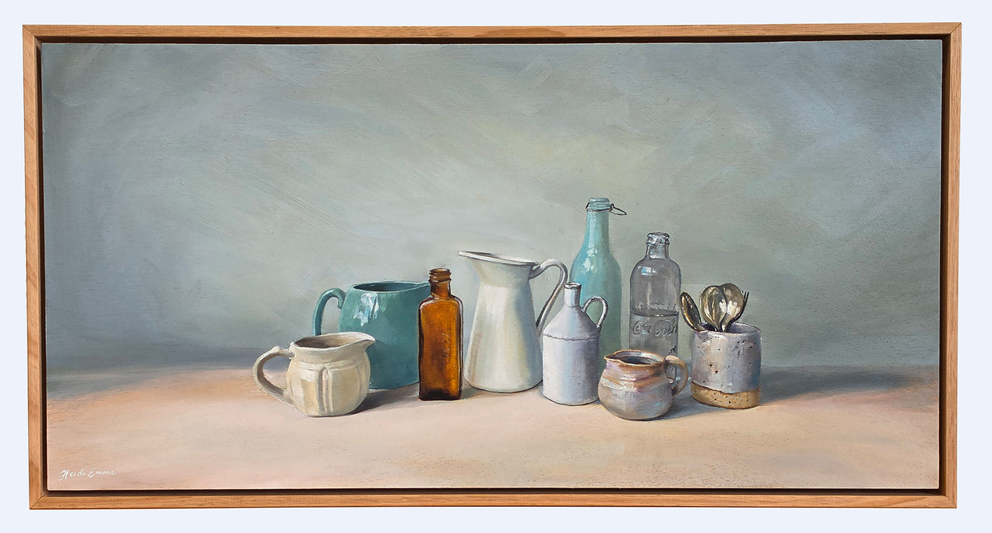 'Together Is Better' by Heidi Emma, original oil on board artwork in an oak shadow frame