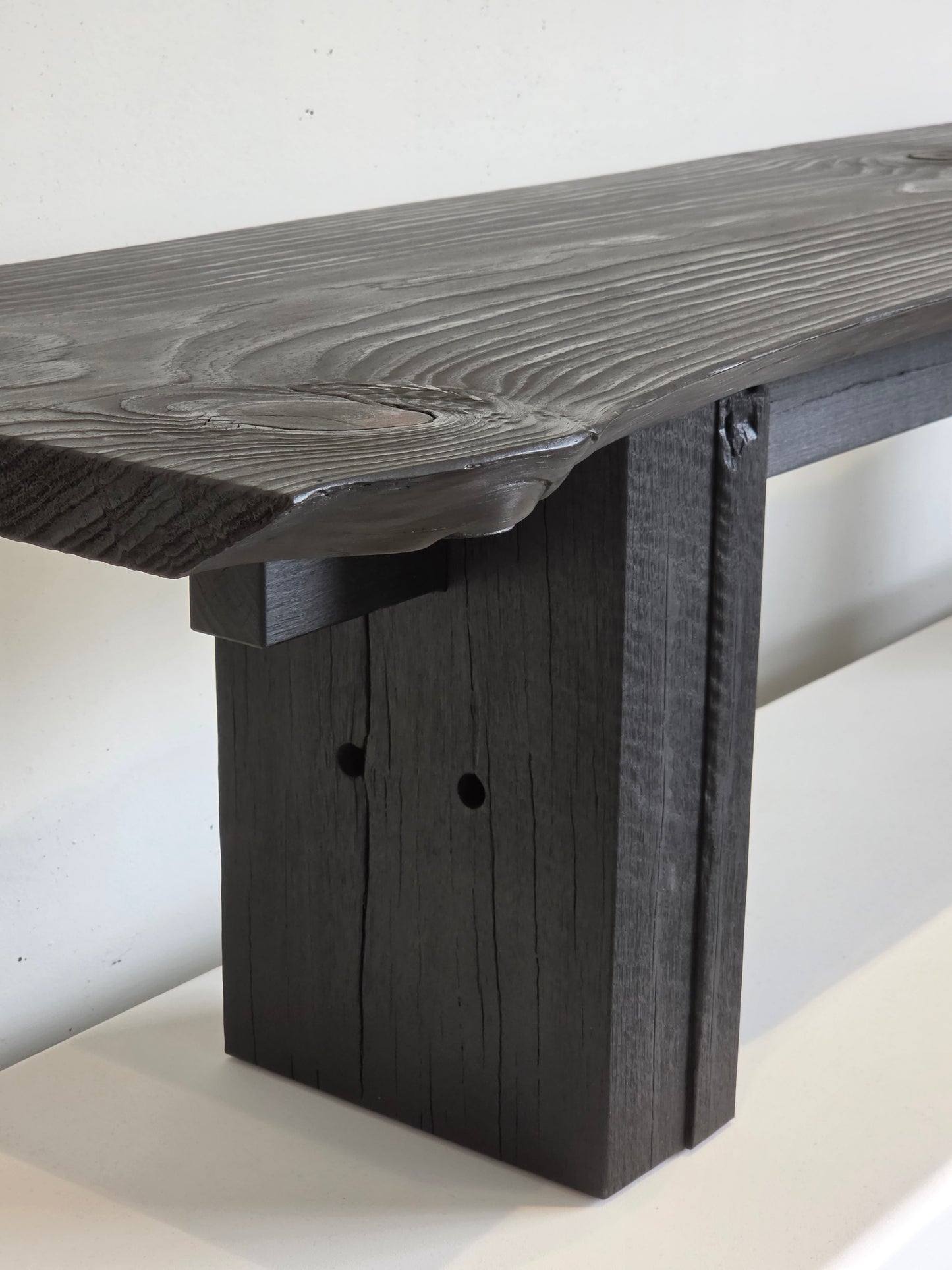 Burnside Bench in scorched Radiata Pine and jetty timber by Nathan Day Design, limited edition – detail