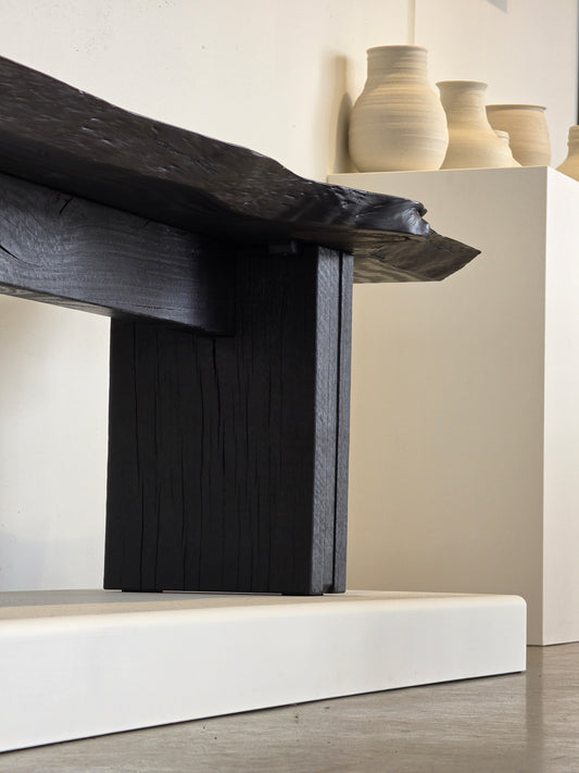 Burnside Bench in scorched Radiata Pine and jetty timber by Nathan Day Design, limited edition
