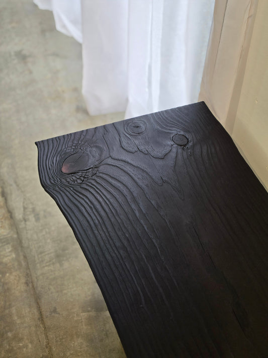 Burnside Bench in scorched Radiata Pine and jetty timber by Nathan Day Design, limited edition – alternate view