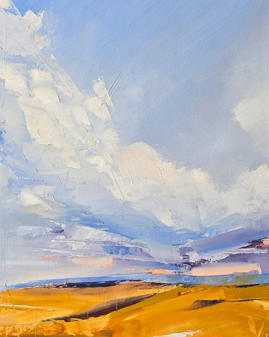 Clouds over North West Scarp by Britt Dunbar, oil painting of billowing clouds over a golden escarpment