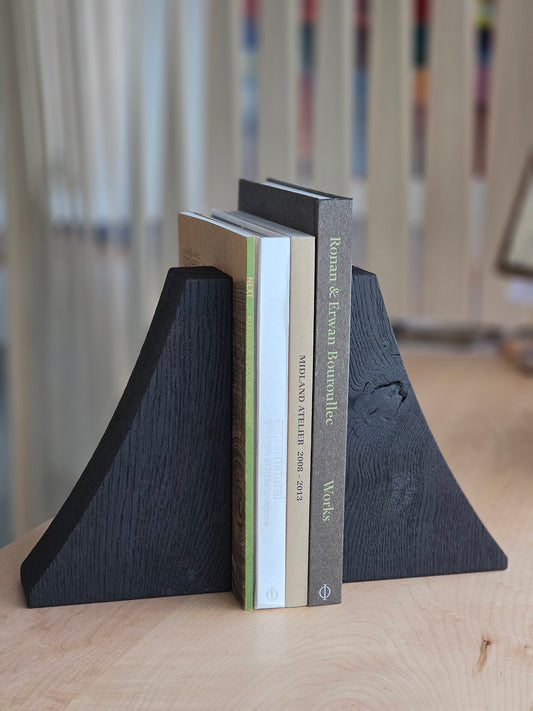 Quindi scorched French oak book ends by Nathan Day Design, handcrafted from Quindi coffee table offcuts