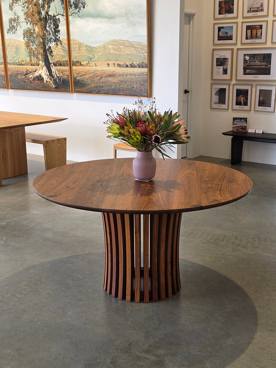 Boundary Lane circular dining table in American Walnut by Nathan Day Design, award-winning Australian furniture design