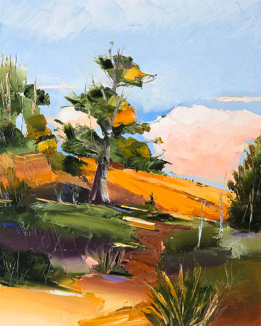 Pink Cloud after Sun by Britt Dunbar, oil painting of a windswept gum tree against a soft pink sky