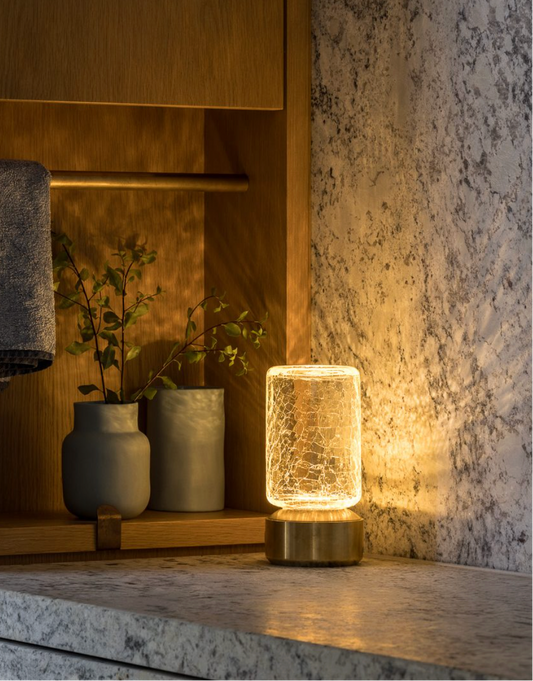 Choir Canmore LED pendant light in bronze PVD with crackle glass by Alex Fitzpatrick